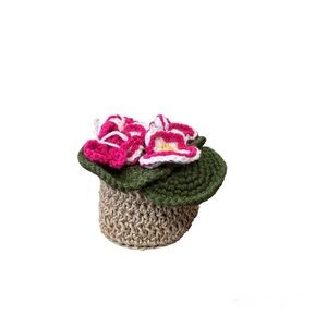 Hand crocheted flower pot with removable flowers. Pink, brown and green.